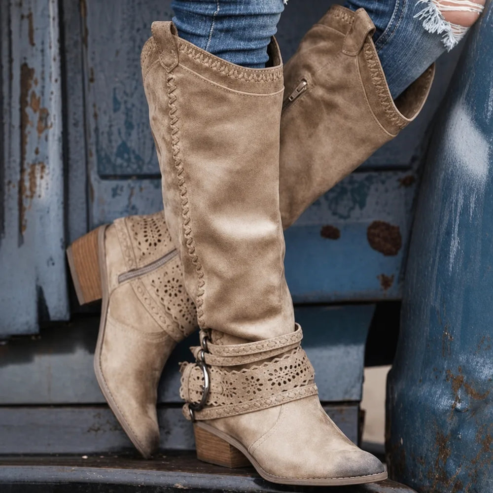 Lisa | Women's Knee High Western Boots  - Color:Khaki;Size:34