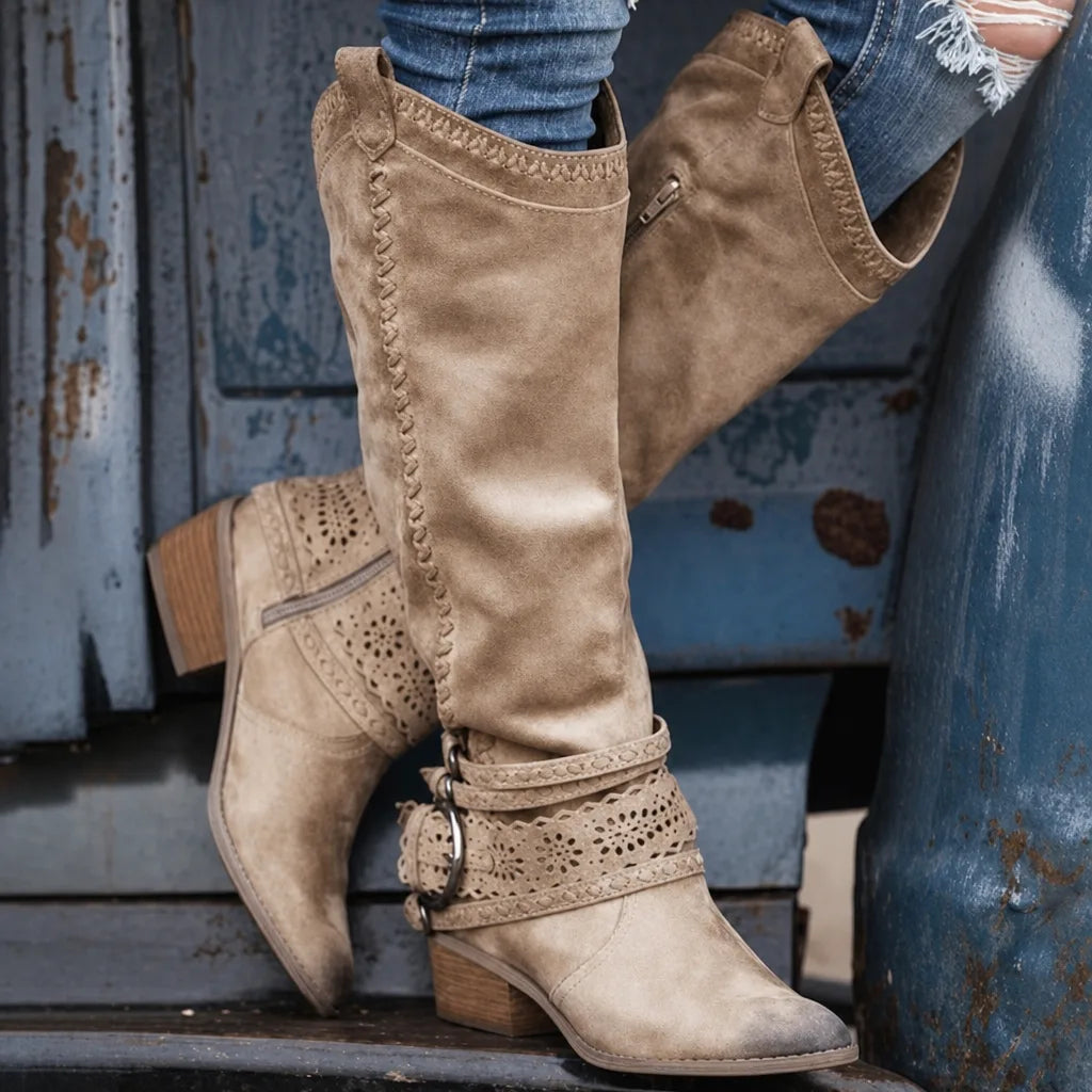 Lisa | Women's Knee High Western Boots  - Color:Khaki;Size:34