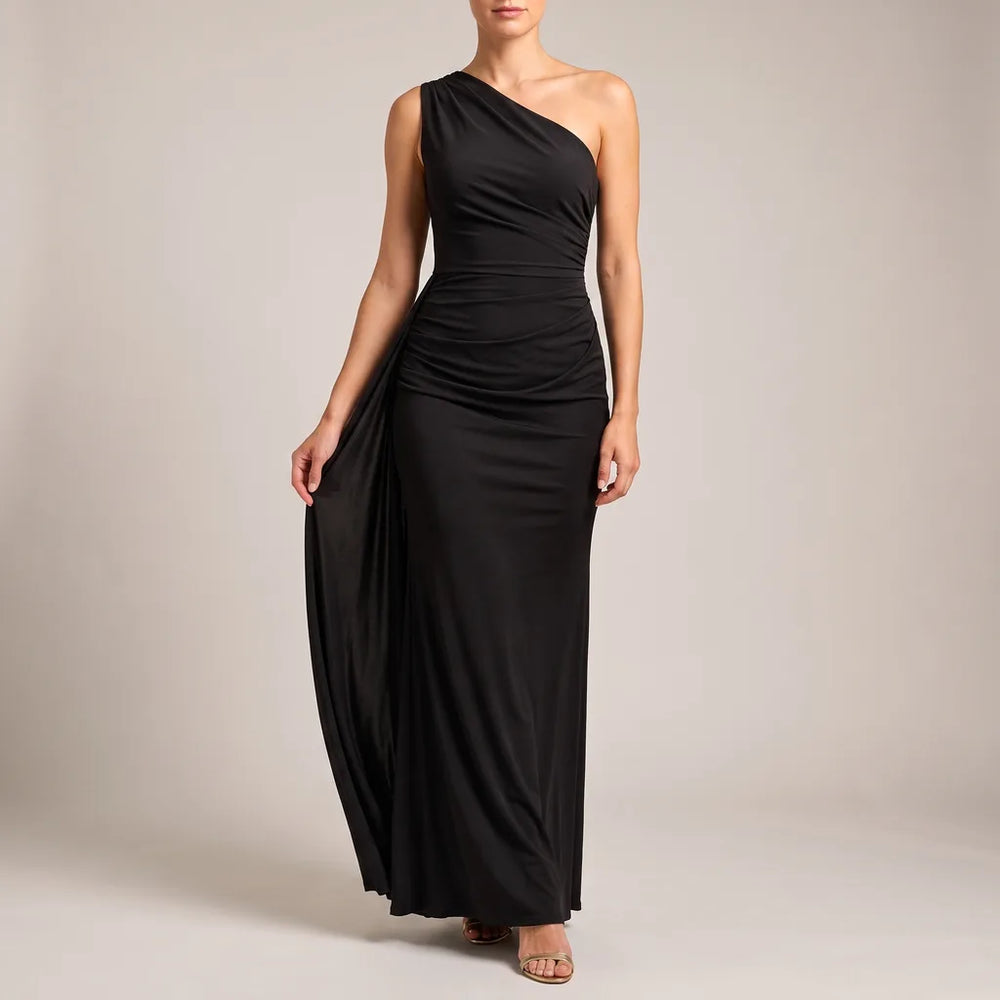 Livia | One-Shoulder Elegant Maxi Dress - Color:Black;Size:S