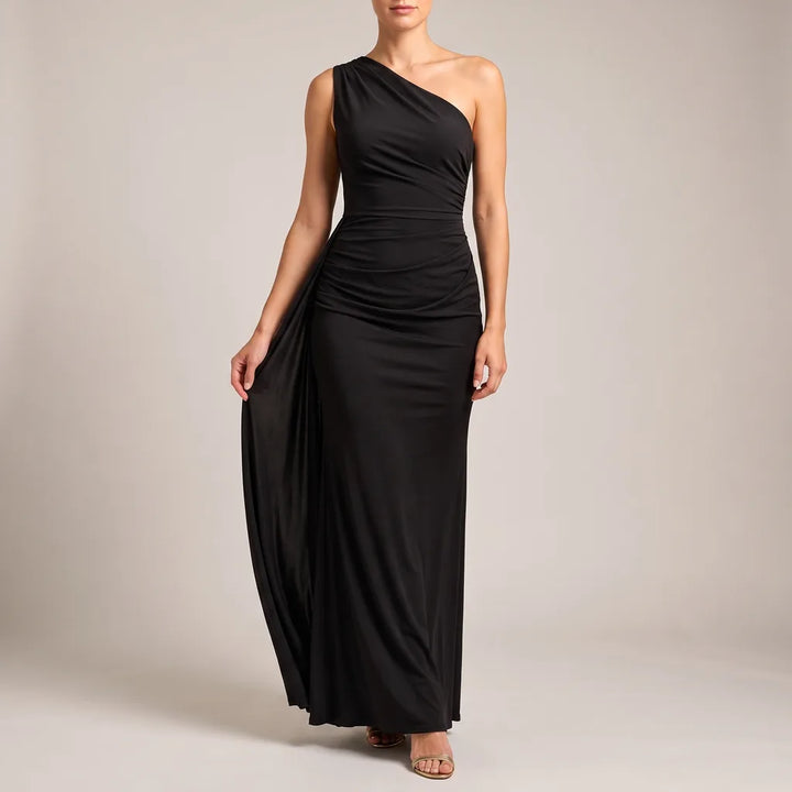 Livia | One-Shoulder Elegant Maxi Dress - Color:Black;Size:S