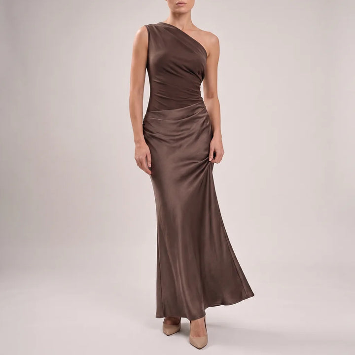 Livia | One-Shoulder Elegant Maxi Dress - Color:Brown;Size:S
