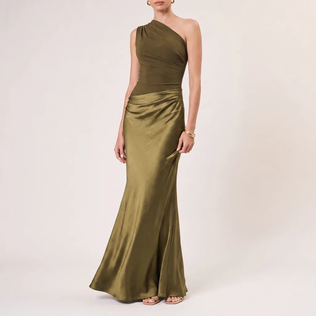 Livia | One-Shoulder Elegant Maxi Dress - Color:Green;Size:S