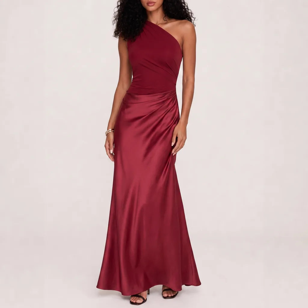Livia | One-Shoulder Elegant Maxi Dress - Color:Red;Size:S