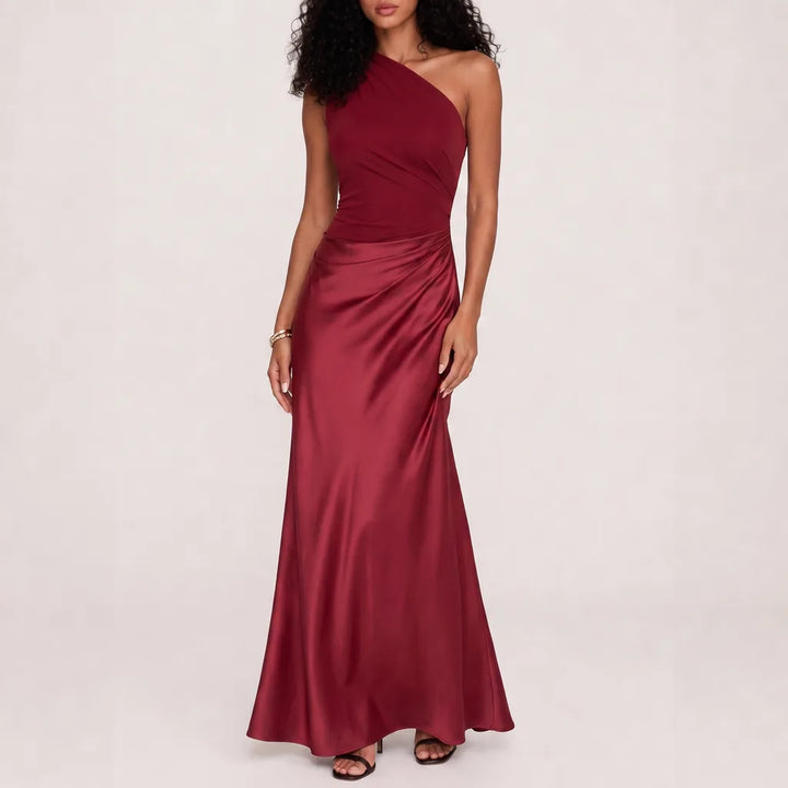 Livia | One-Shoulder Elegant Maxi Dress - Color:Red;Size:S