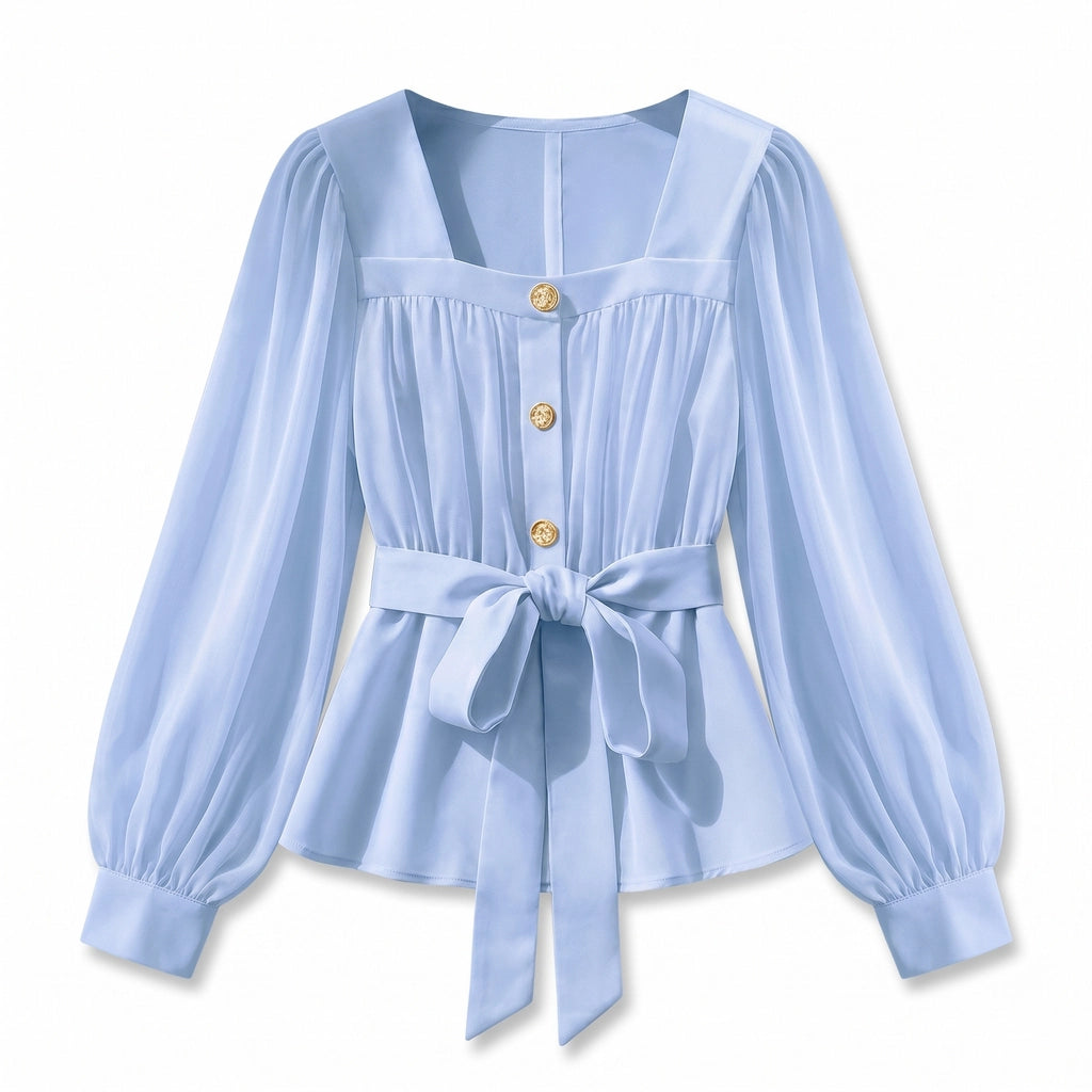Livia Pleated Blouse - Color:Sky Blue;Size:XS