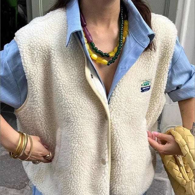 Liyana | Women's Button-Up Teddy Vest - Color:Beige;Size:XS
