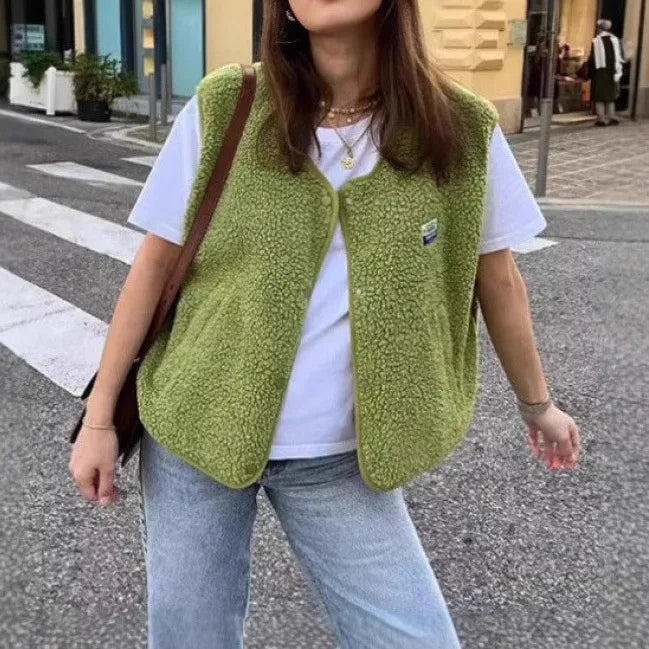 Liyana | Women's Button-Up Teddy Vest - Color:Green;Size:XS