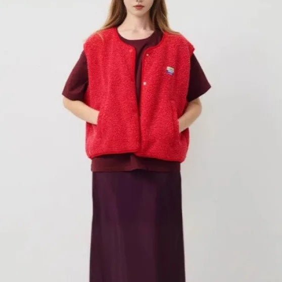 Liyana | Women's Button-Up Teddy Vest - Color:Red;Size:XS