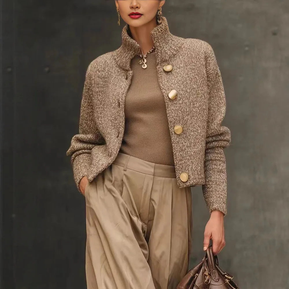 Lorna | Women's High-Neck Knit Jacket - Brown