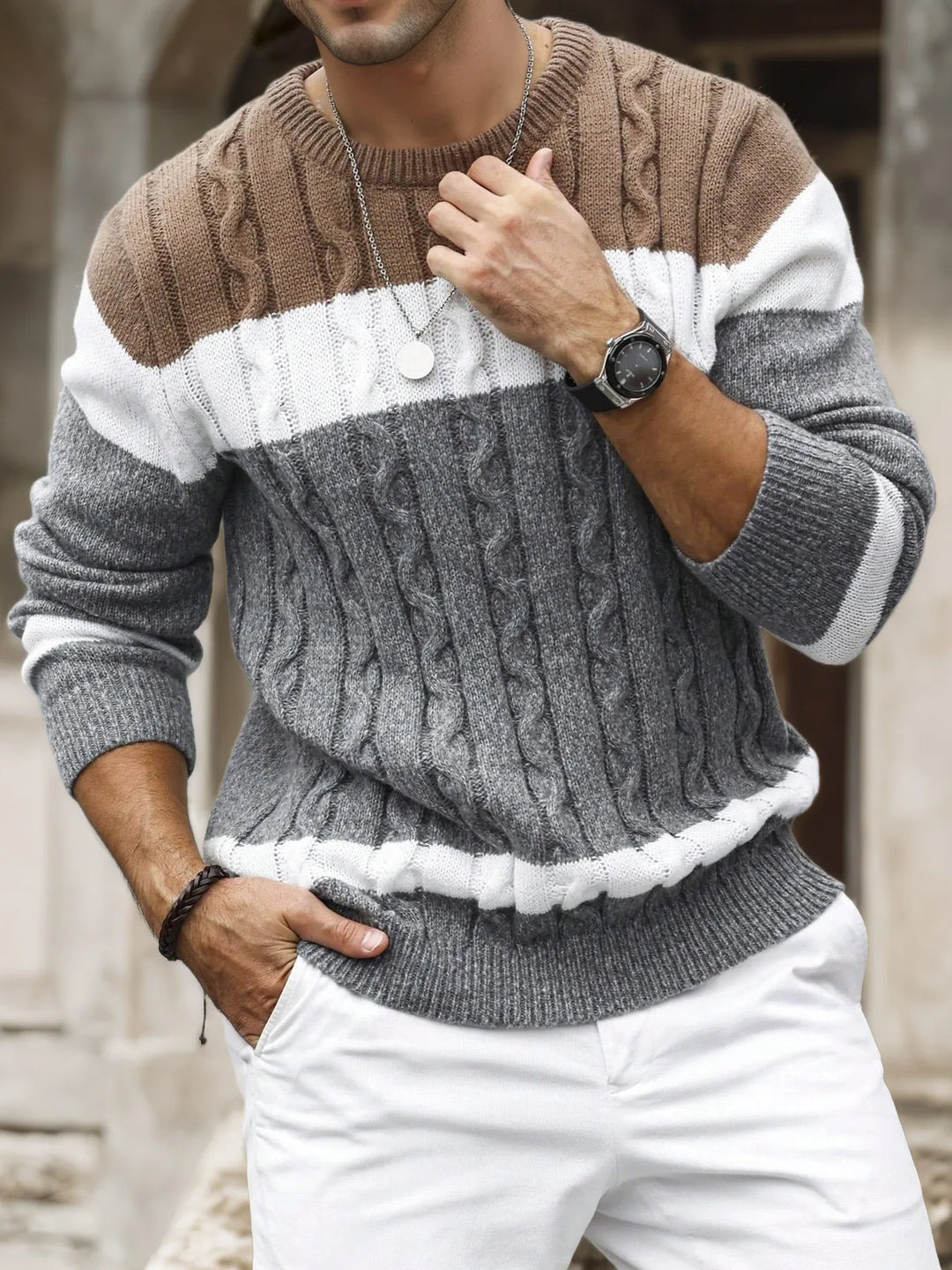 Luc | Men's Cable Knit Colorblock Sweater - Color:Brown;Size:XS