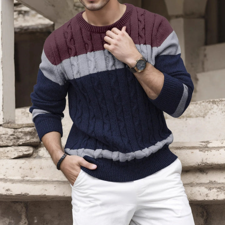 Luc | Men's Cable Knit Colorblock Sweater - Color:Burgundy;Size:XS