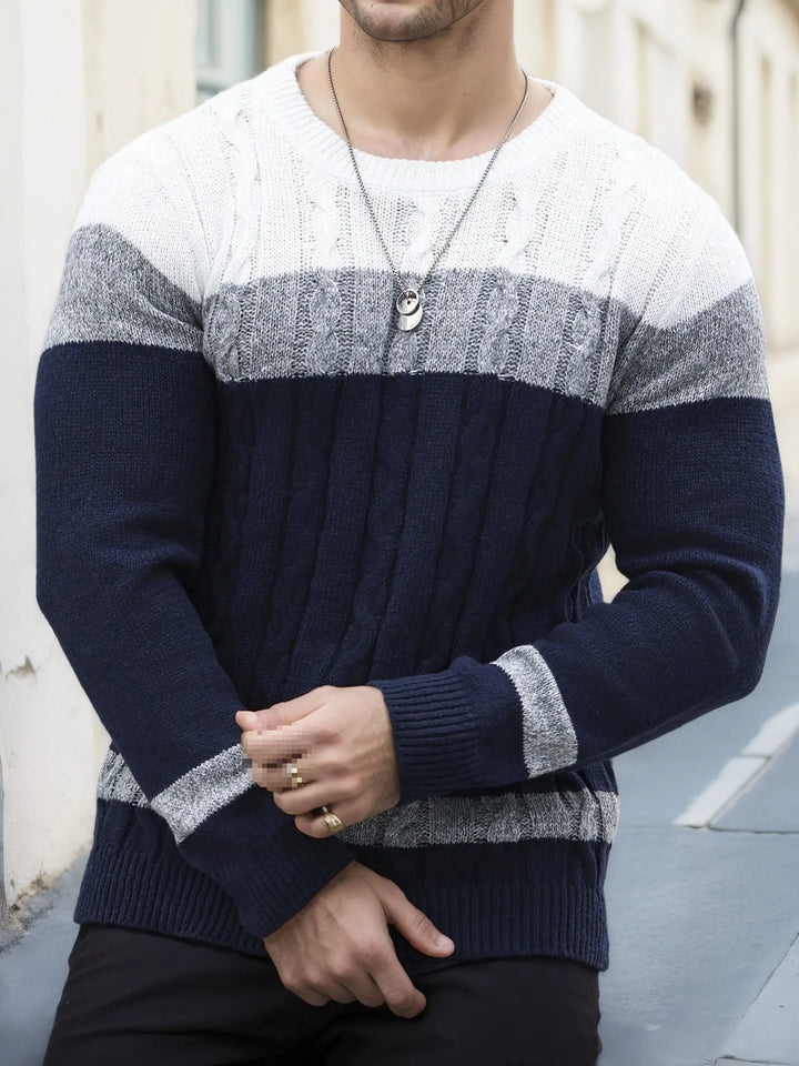 Luc | Men's Cable Knit Colorblock Sweater - Color:White;Size:XS