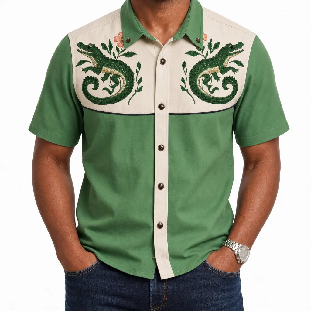 Lucas | Men's Fall Western Cowboy Shirt - Color:Green;Size:XXS
