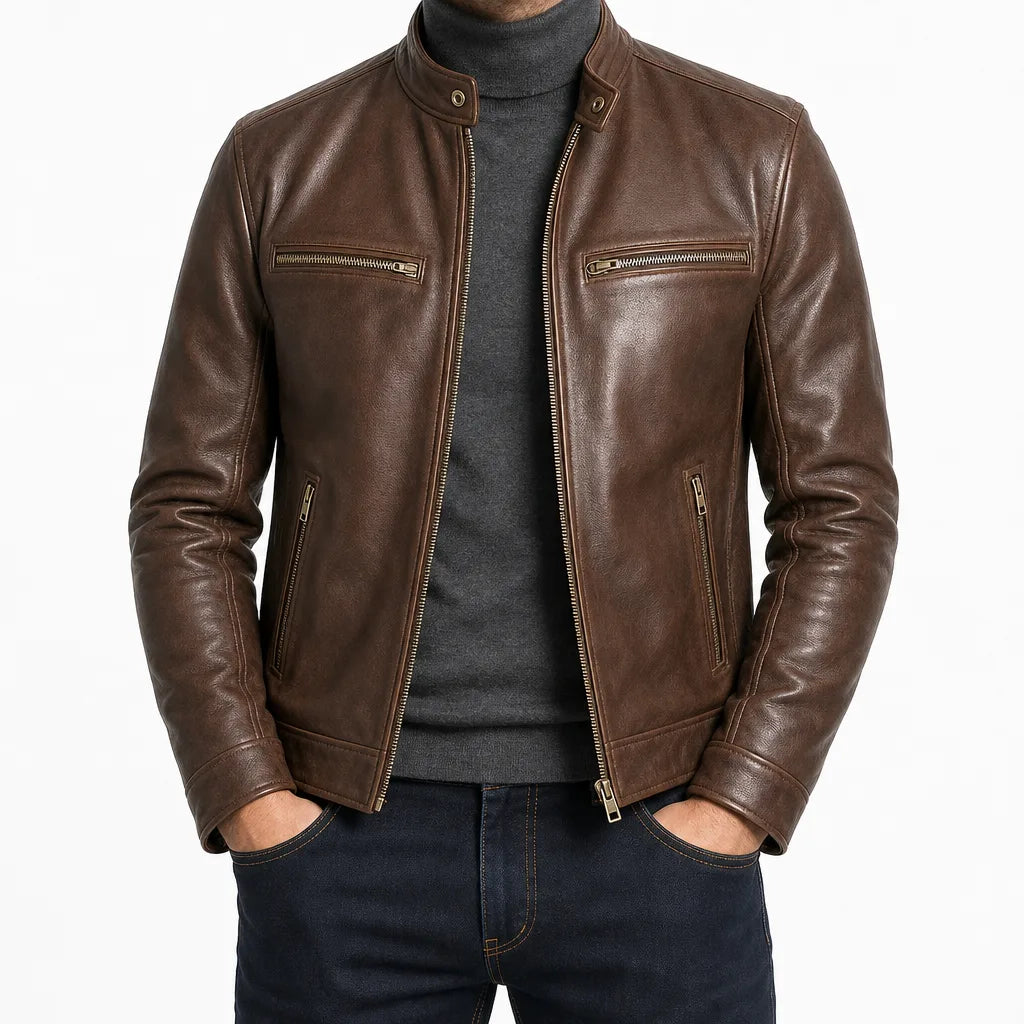 Lucian | Men's Fall Leather Jacket - Color:Brown;Size:XS