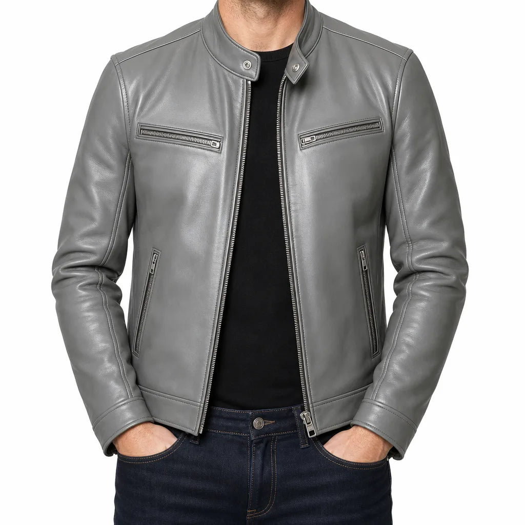 Lucian | Men's Fall Leather Jacket - Color:Gray;Size:XS