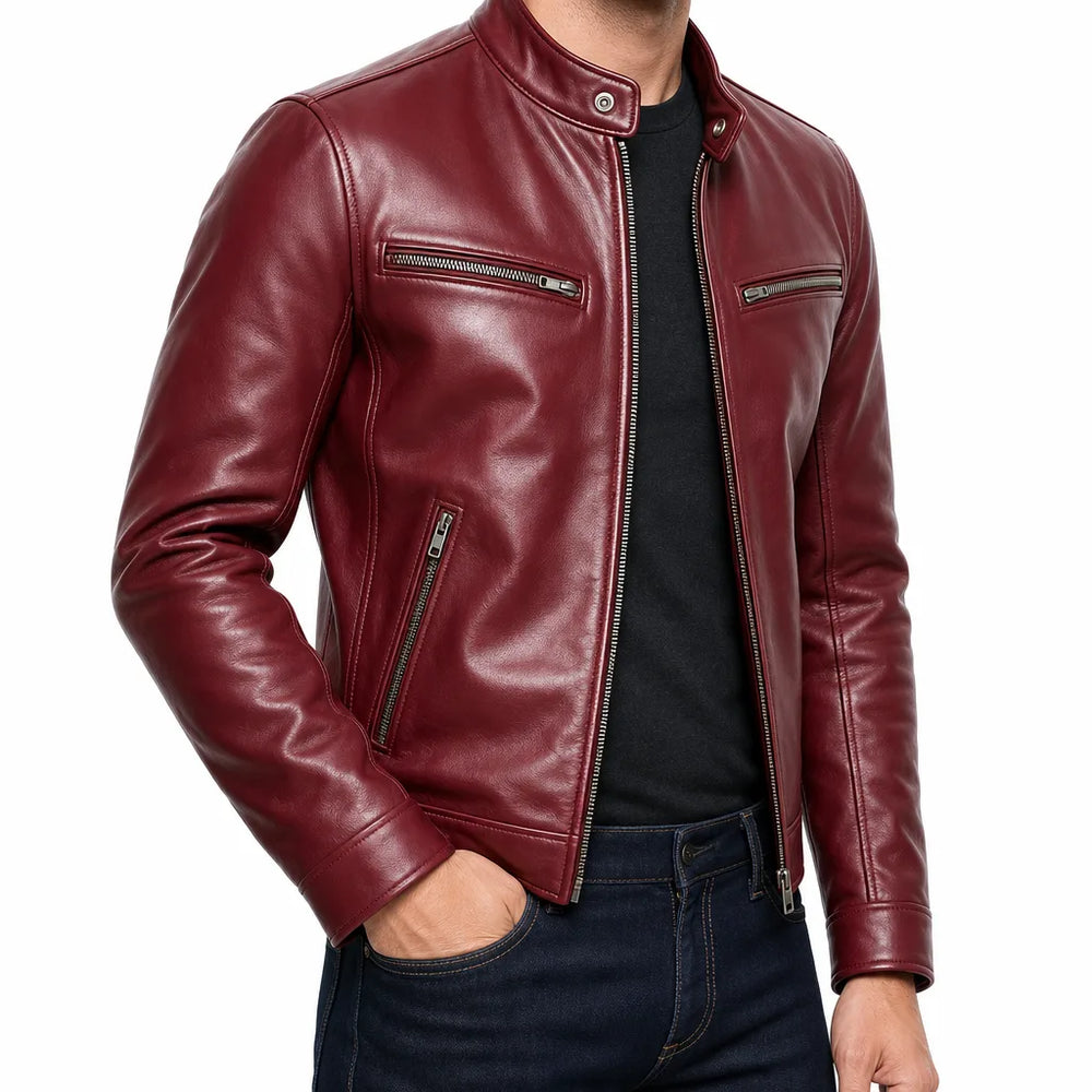 Men's Red Baldwin Stand Collar Biker Jacket