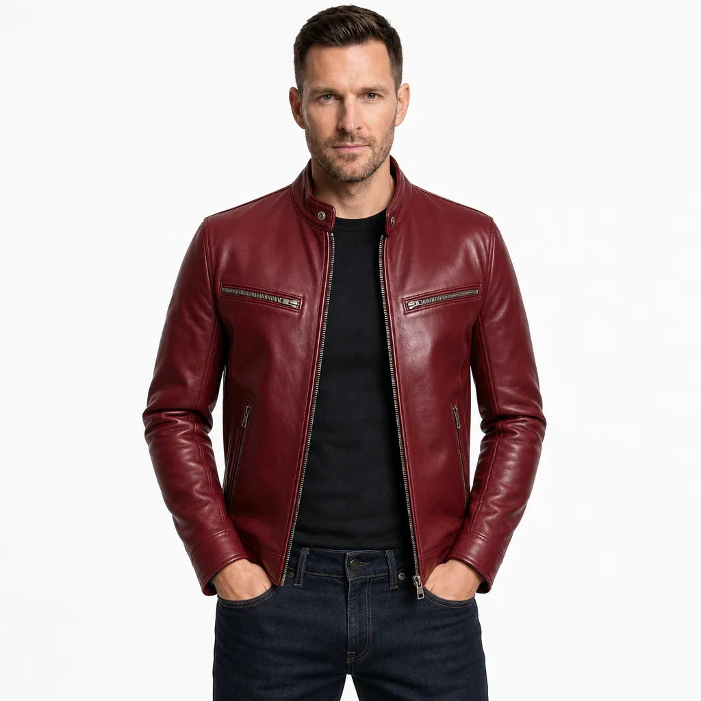 Men's Red Baldwin Stand Collar Biker Jacket