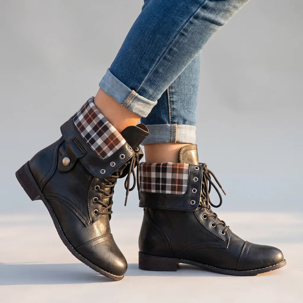 Lucinda Plaid Lace Up Boots - Color:Black;Size:35