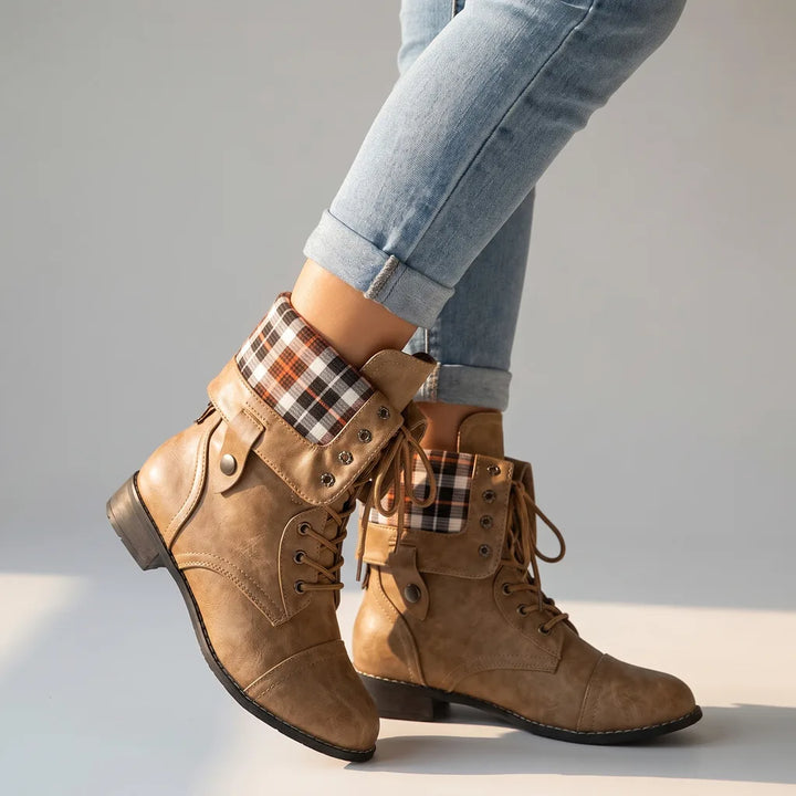 Lucinda Plaid Lace Up Boots - Color:Brown;Size:35