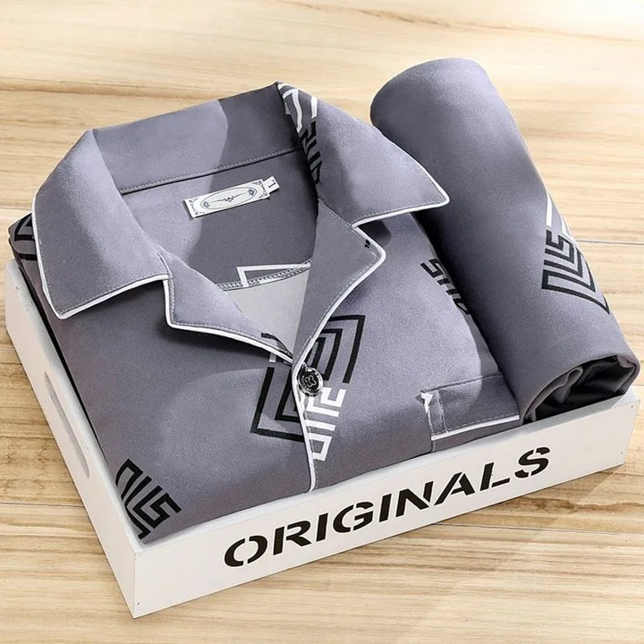 Luis | Men's Striped Long-Sleeve Pajama Set - Color:Gray Geometric;Size:L