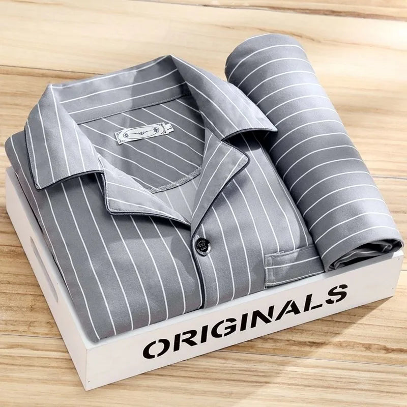 Luis | Men's Striped Long-Sleeve Pajama Set - Color:Gray Stripe;Size:L