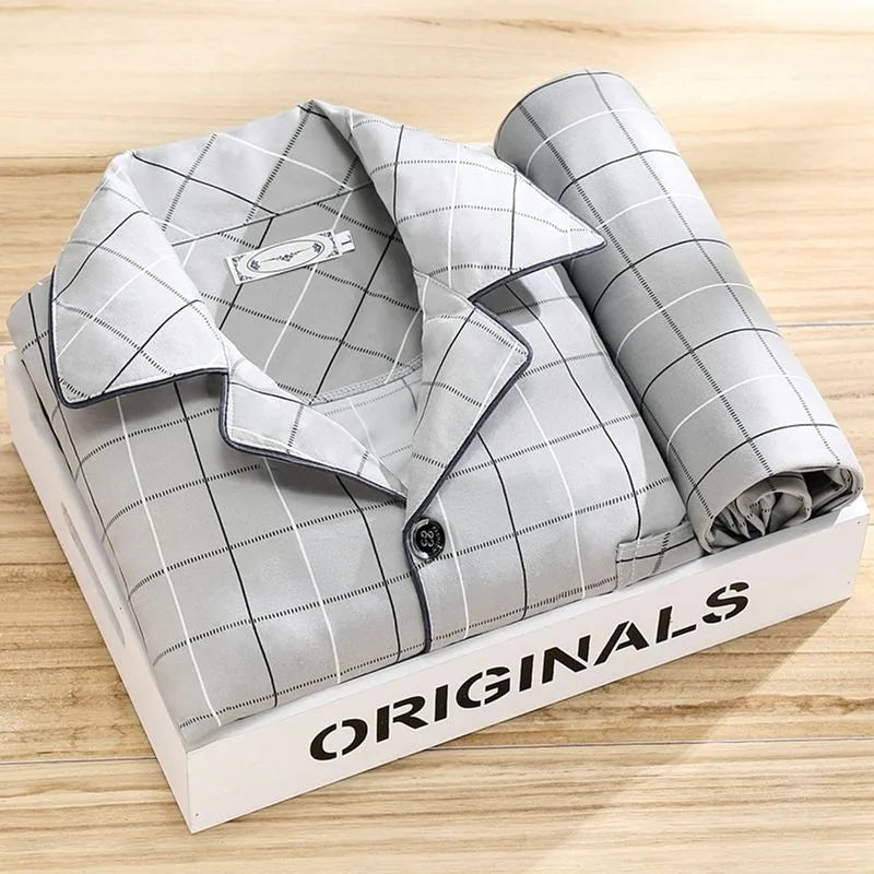 Luis | Men's Striped Long-Sleeve Pajama Set - Color:Light Gray Check;Size:L