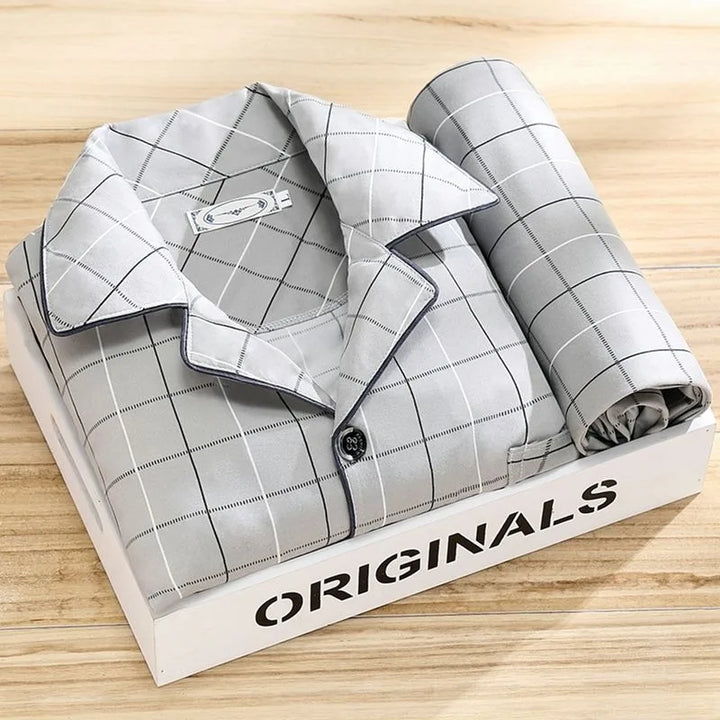 Luis | Men's Striped Long-Sleeve Pajama Set - Color:Light Gray Check;Size:L