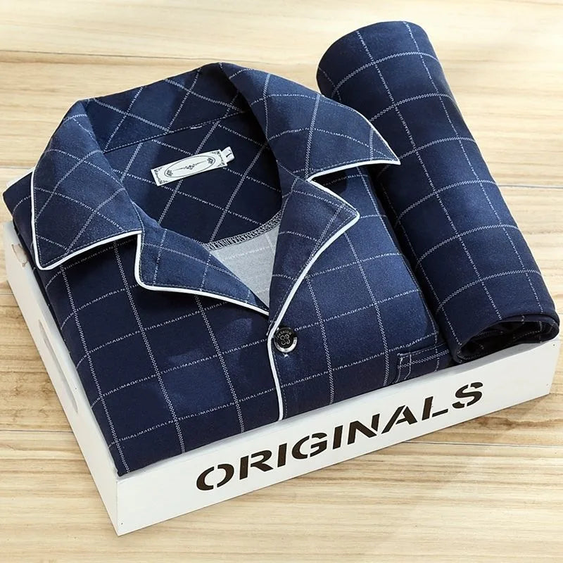 Luis | Men's Striped Long-Sleeve Pajama Set - Color:Navy Blue Check;Size:L