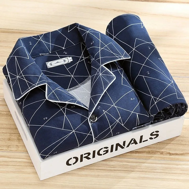 Luis | Men's Striped Long-Sleeve Pajama Set - Color:Navy Blue Geometric;Size:L