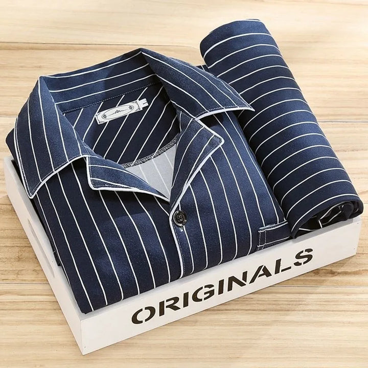 Luis | Men's Striped Long-Sleeve Pajama Set - Color:Navy Blue Stripe;Size:L