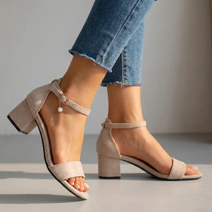 Lydia Chunky Ankle Strap Heels - Color:Off White;Size:35