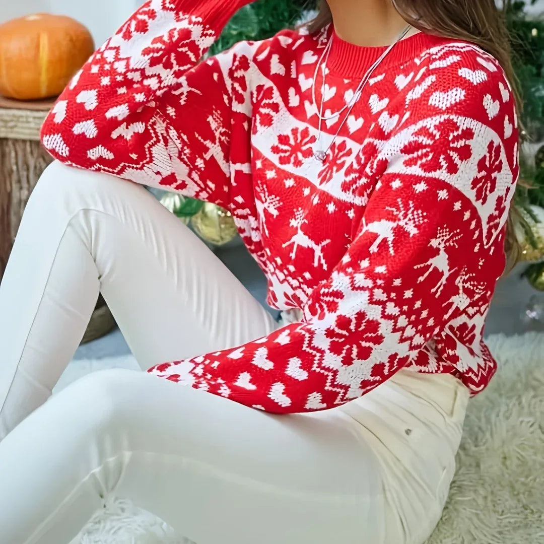 Mabel | Women's Festive Fair Isle Sweater - Color:Red-White;Size:XS