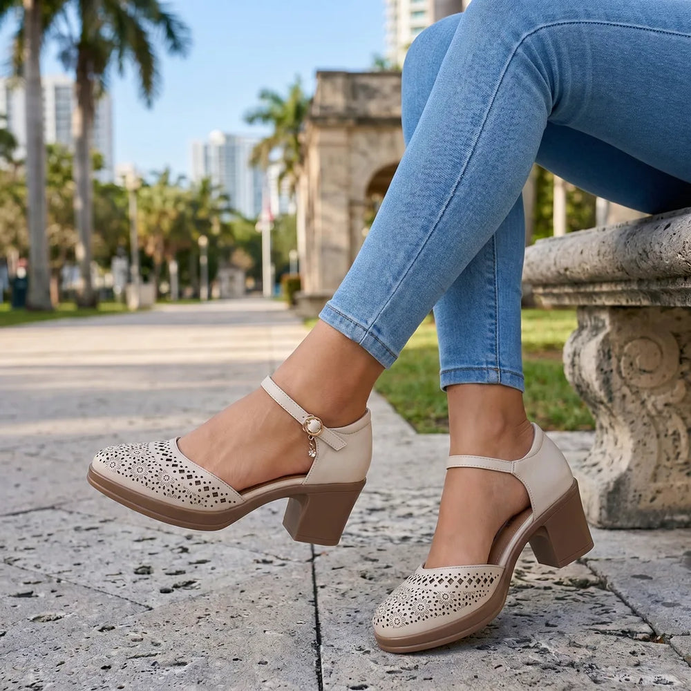 Beige Wycliffe Leather Block-Heel Sandals 1
