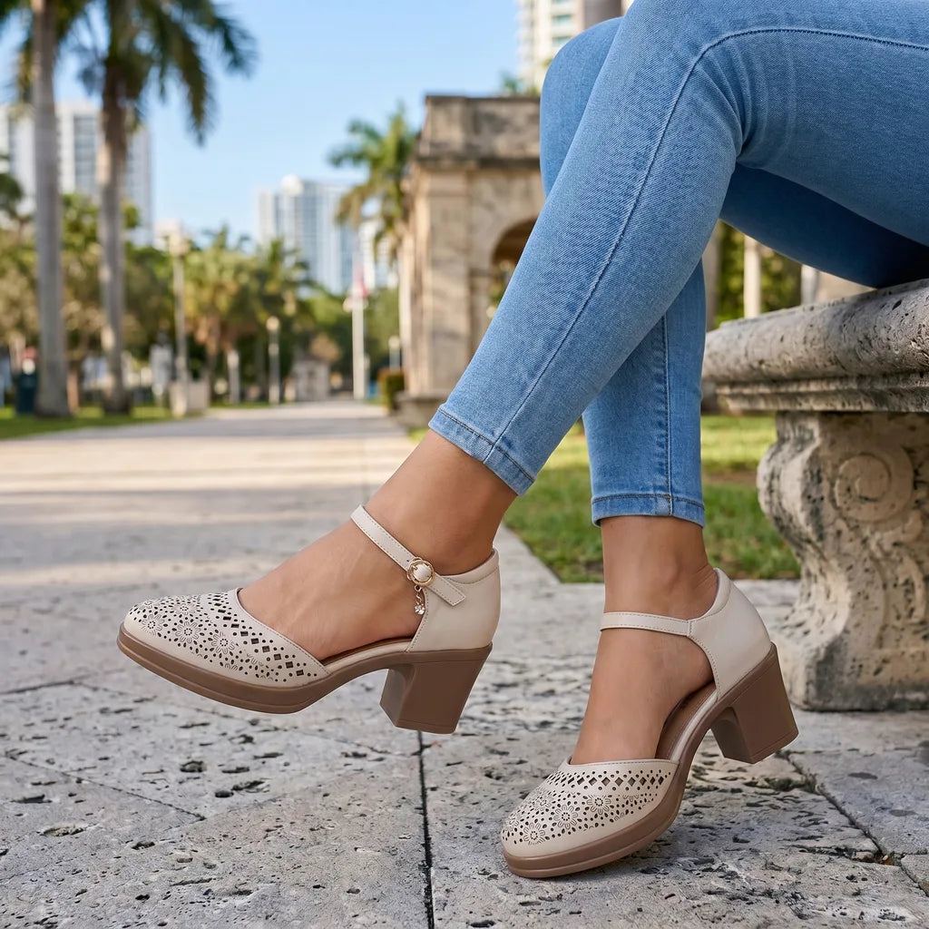 Beige Wycliffe Leather Block-Heel Sandals 1