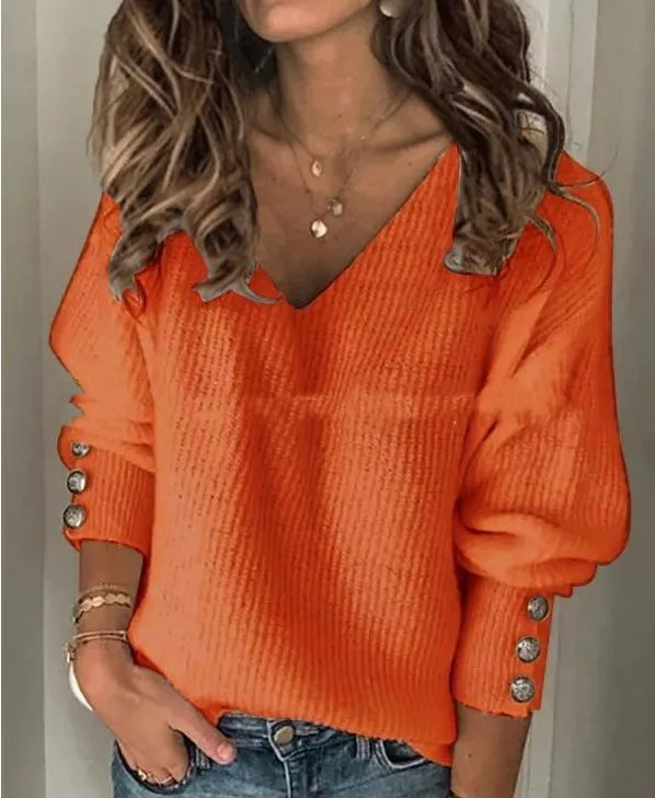 Maeve | Women's Ribbed V-Neck Sweater  - Size:XS;Color:Orange Red