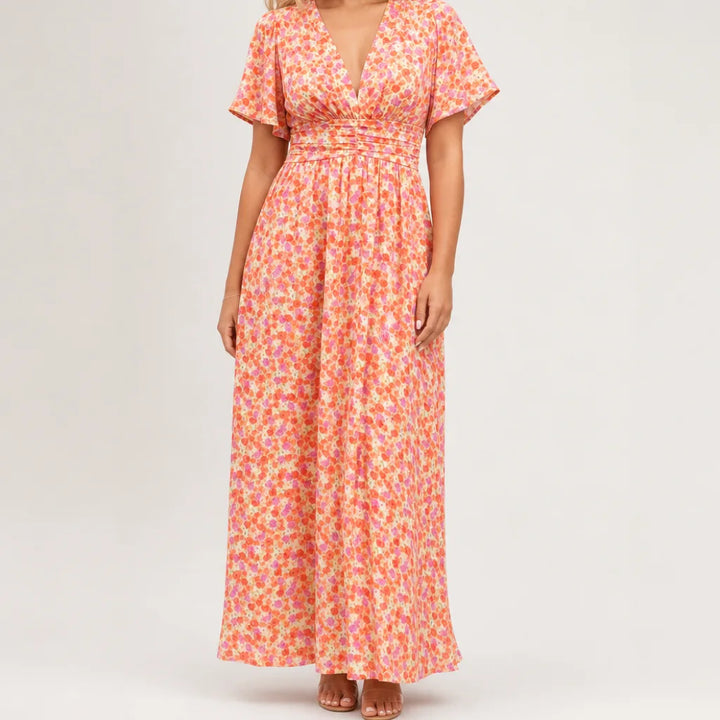 Marguerite | Floral Maxi Dress for Effortless Elegance - Color:Orange;Size:XS