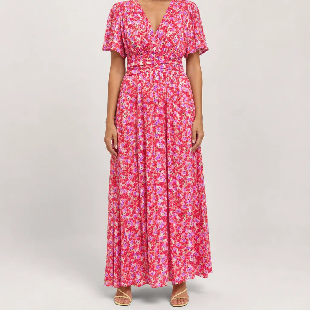 Marguerite | Floral Maxi Dress for Effortless Elegance - Color:Red;Size:XS