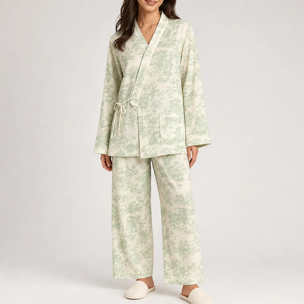 Marguerite | Women's Cotton Pajama Set - Color:Green;Size:S