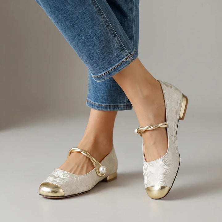 Marielle Cap Toe Mary Jane Flats - Color:Beige;Size:35