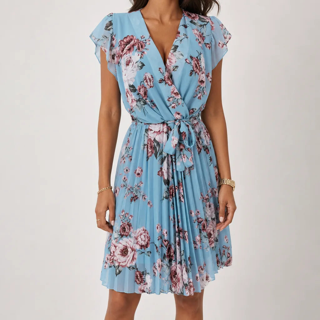 Marielle | Women's Fall Floral Bohemian Dress - Color:Blue;Size:XS