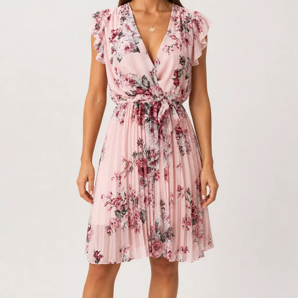 Marielle | Women's Fall Floral Bohemian Dress - Color:Pink;Size:XS