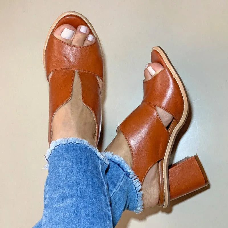 Marigold Peep Toe Heeled Sandals - Color:Brown;Size:35