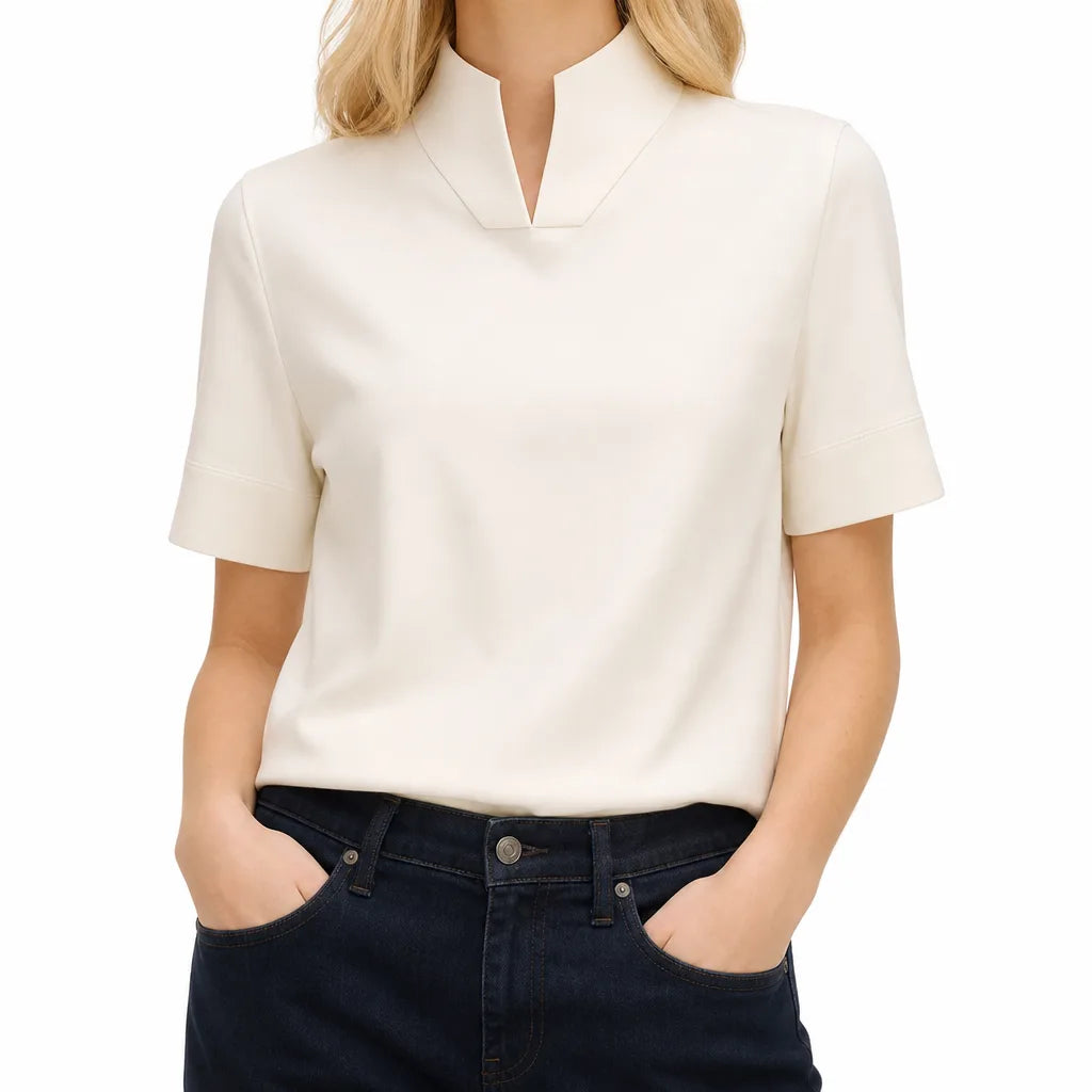 Marina Stand Collar Shirt - Color:Beige;Size:XS
