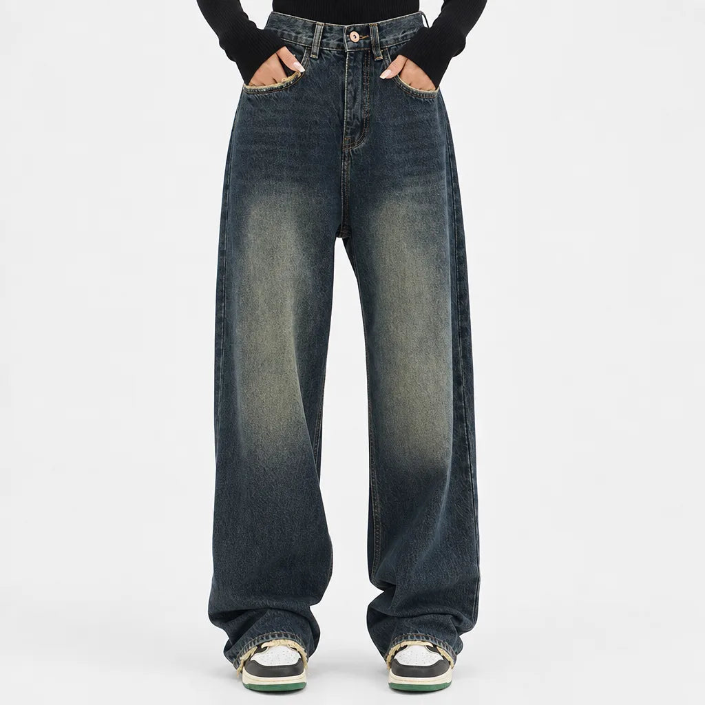 Women's Blue Bedford Cotton Wide Leg Jeans