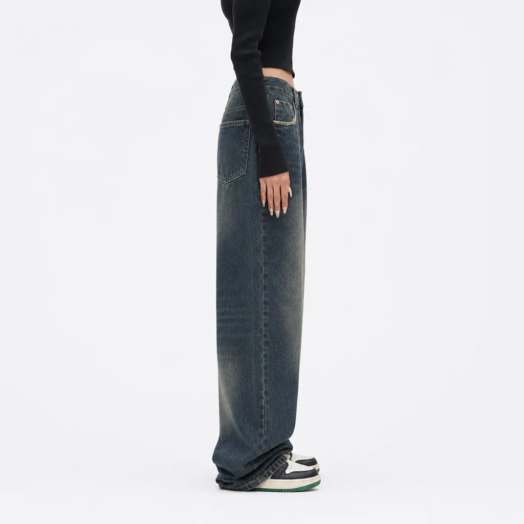 Women's Blue Bedford Cotton Wide Leg Jeans