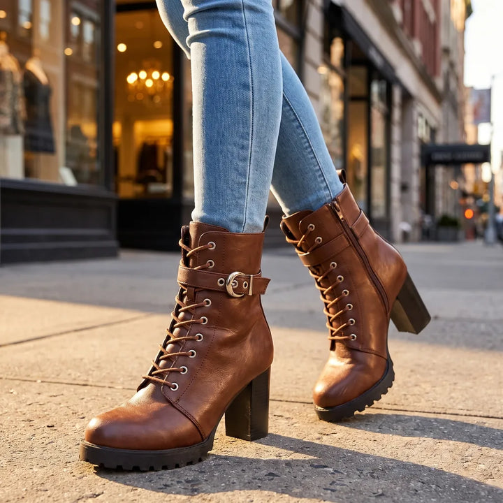 Women's Brown Shackleton Buckle Heeled Boots