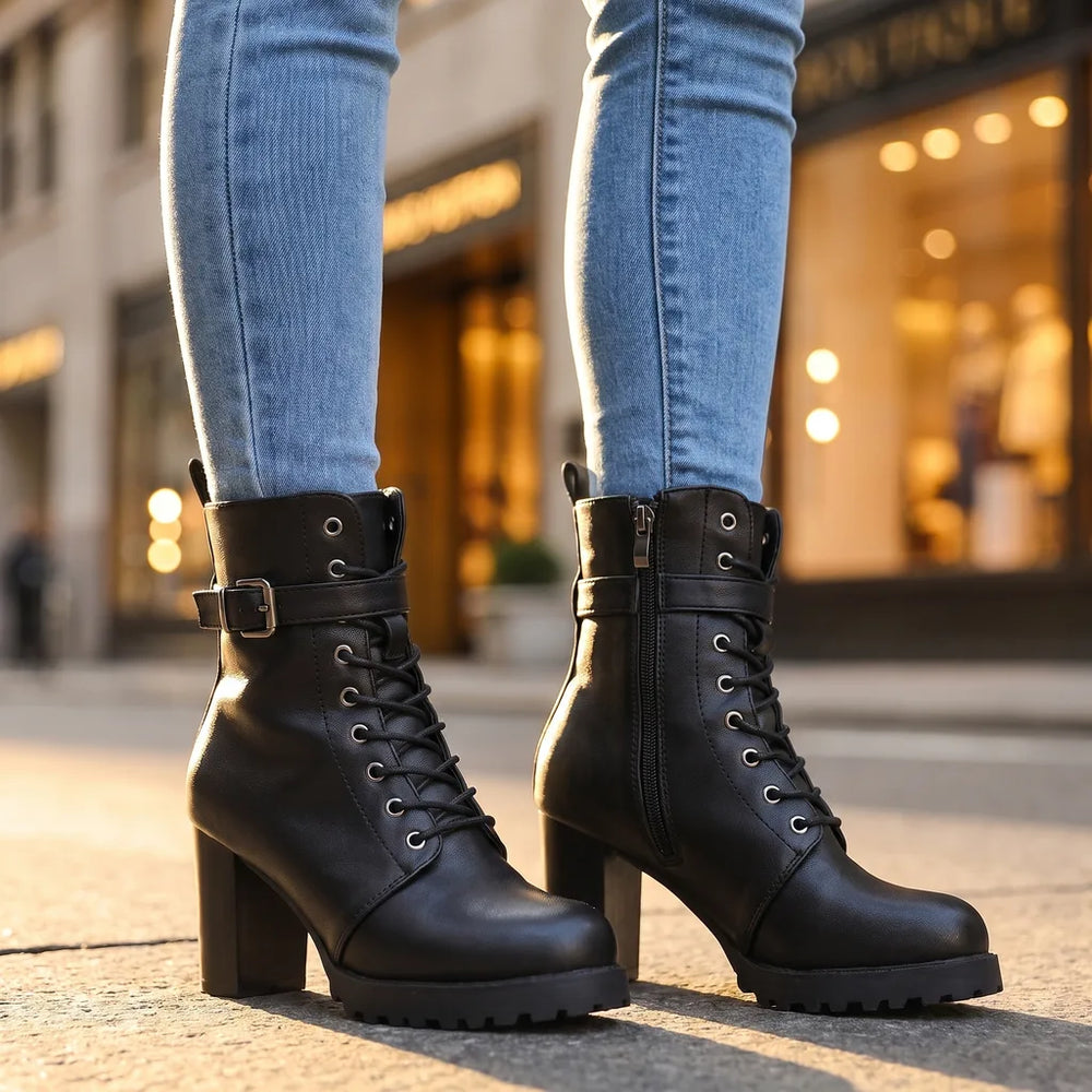 Women's Black Shackleton Buckle Heeled Boots