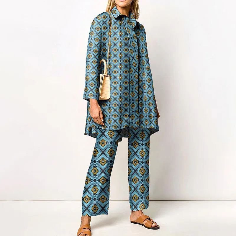 Martha | Women's Vintage Blouse and Pants Set  - Size:XS;Color:Blue