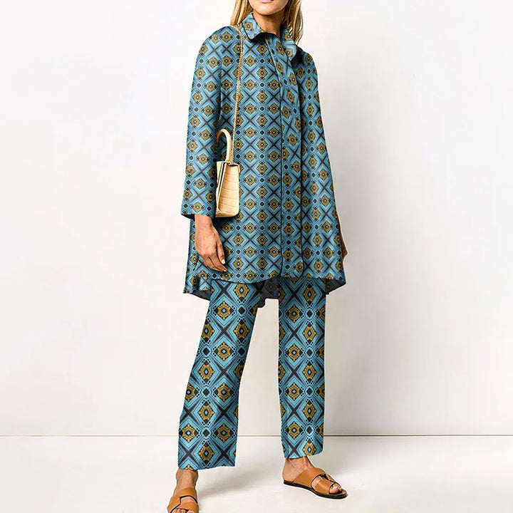 Martha | Women's Vintage Blouse and Pants Set  - Size:XS;Color:Blue