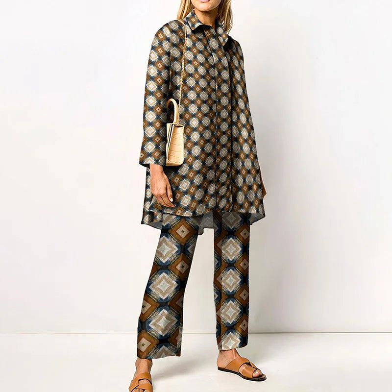Martha | Women's Vintage Blouse and Pants Set  - Size:XS;Color:Brown